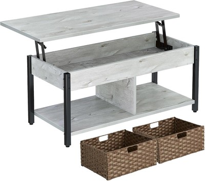 Coffee Table Lift Top, Coffee Table with Hidden Storage Compartment and 2 Rattan