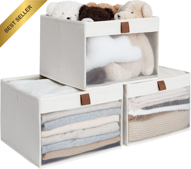 3 Pack Large Closet Storage Bins Window Handle Foldable Cube Beige