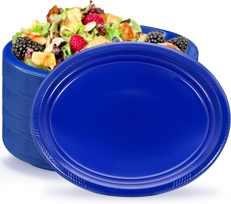 Blue Plates Disposable Heavy Duty 12" X 10" - Oval Blue Plastic Plates for Party