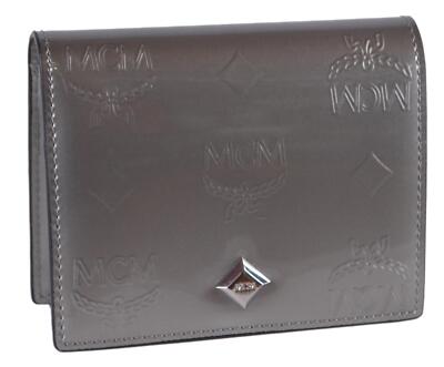 New MCM Women's $295 Grey Patent Leather Visetos Logo Mini Flap Wallet
