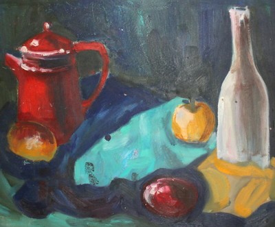 Vintage expressionist oil painting still life with fruits, bottle and jug