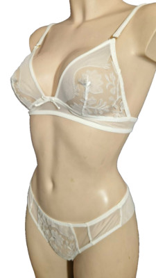 Valery Lingerie RT9 Bralette Bra Set Ital.2 Gr.75B UK34B + Thong S 38 Mesh Cream