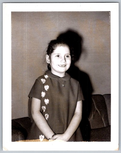 Vtg B&W Snapshot Cute Smiling Young Girl Floral Dress Necklace 1967 Portrait
