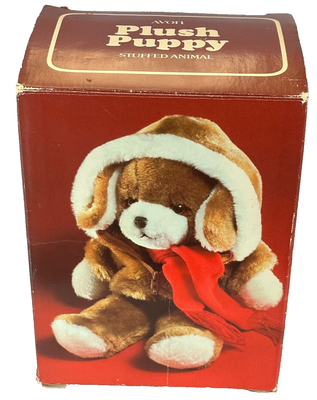 Vintage Avon Puppy Dog Stuffed Animal 1982 Plush Brown w Zip Jacket In box