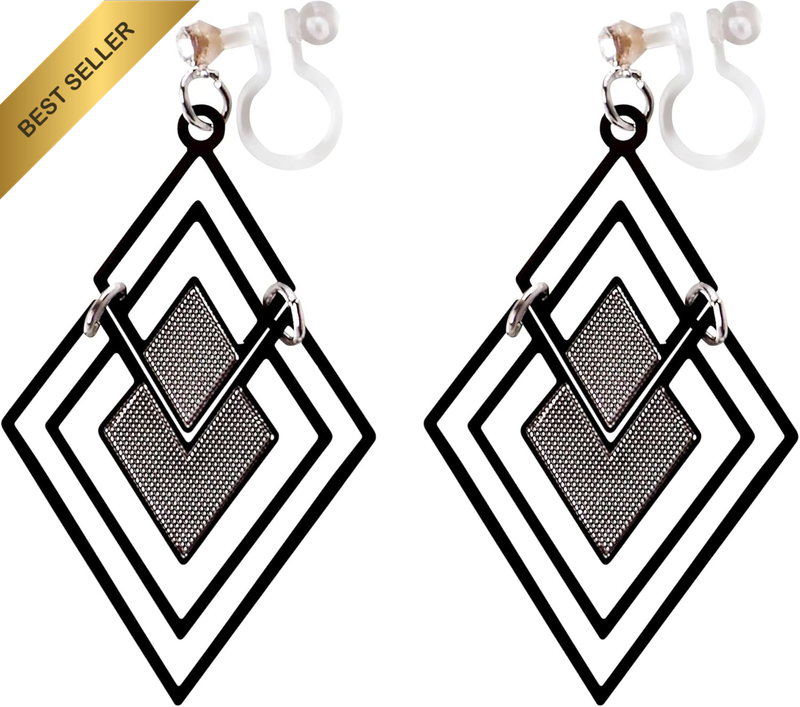 Gold Double Diamond Filigree Dangle Clip On Earrings for Women Invisible Non Pie