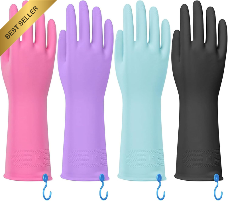 Rubber Dishwashing Gloves with Hanging Hooks - 4 Pairs Reusable Kitchen Cleaning