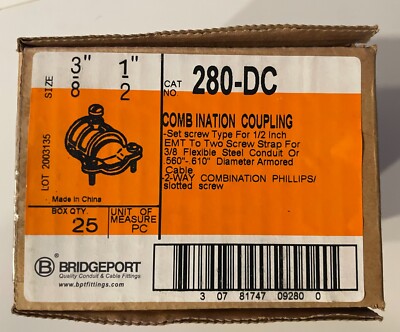 NEW BRIDGEPORT 280-DC 1/2'' EMT to 3/8'' FLEX STEEL COMBO COUPLING QTY: 25