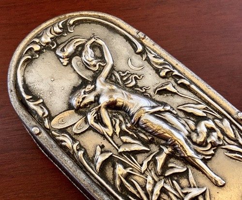 FAIRY & MOON ~ ANTIQUE Silver Plate MATCH SAFE BOX Victorian Nouveau VINTAGE