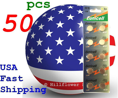 50 pcs AG10 LR1130 389A LR54 G10 Card 1.5V 0% Hg Alkaline Battery