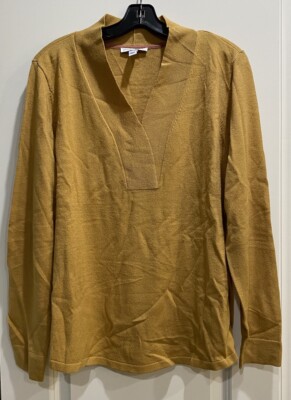 Isaac Mizrahi Live! V-Neck Sweater w/ Curved Hem Camel Sz L A458820