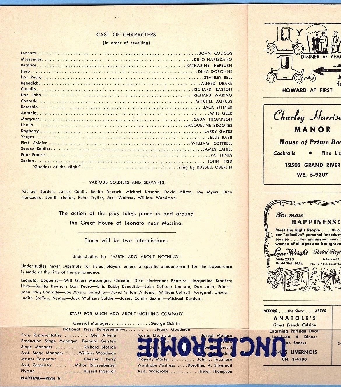 KATHARINE HEPBURN   AUTOGRAPH.  In playbill for 