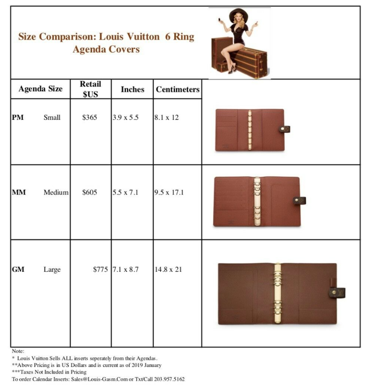 2019 Calendar Weekly Planner Refill FITS Louis Vuitton Agenda-LV insert