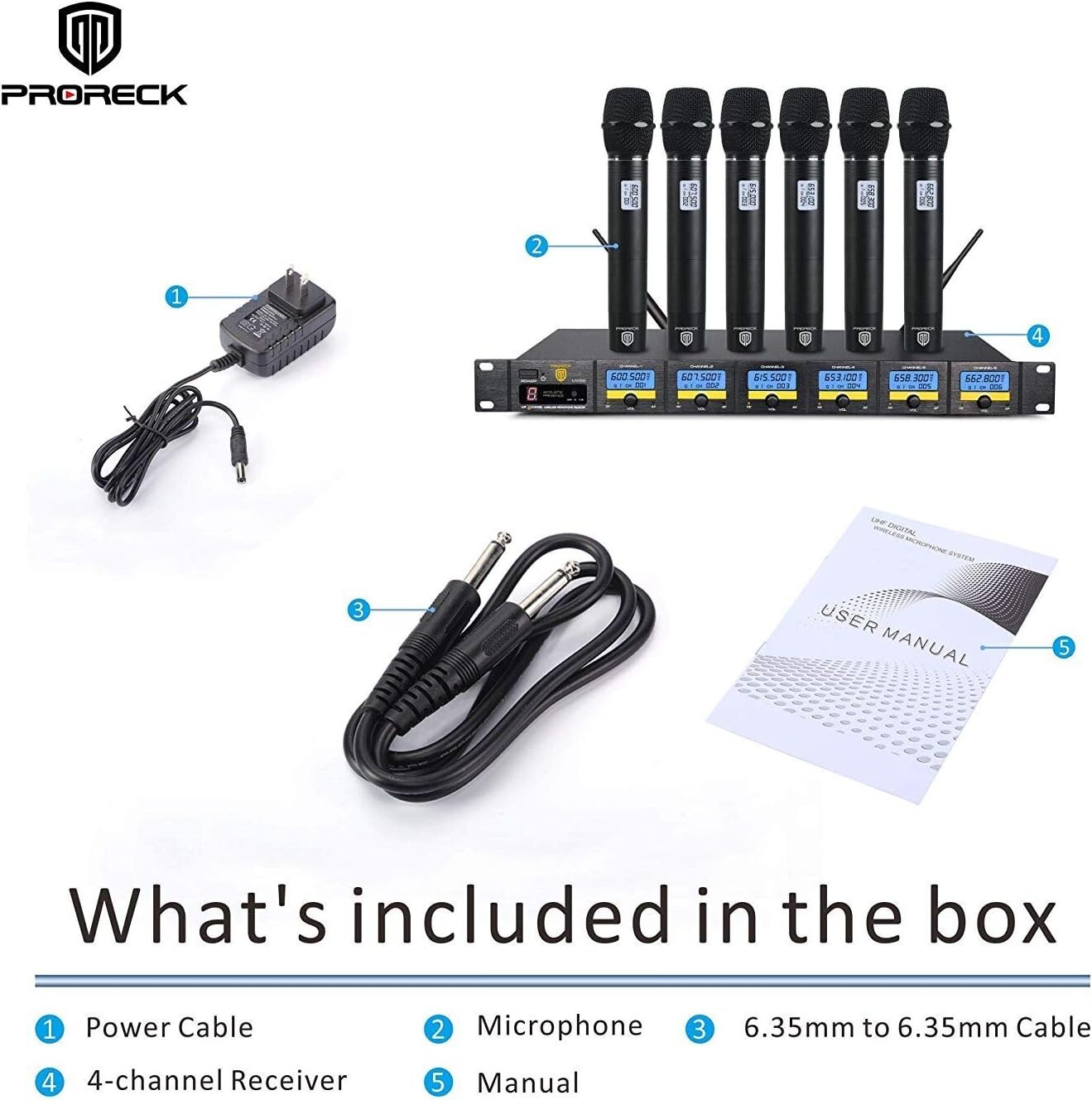 PRORECK MX66 6-Channels UHF Cordless Microphone System with 6 Hand-held Set