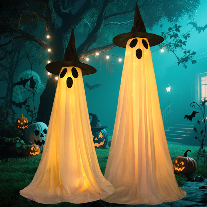 2 Packs Ghost Halloween Decorations Outdoor, Battery Operated Halloween Lights w