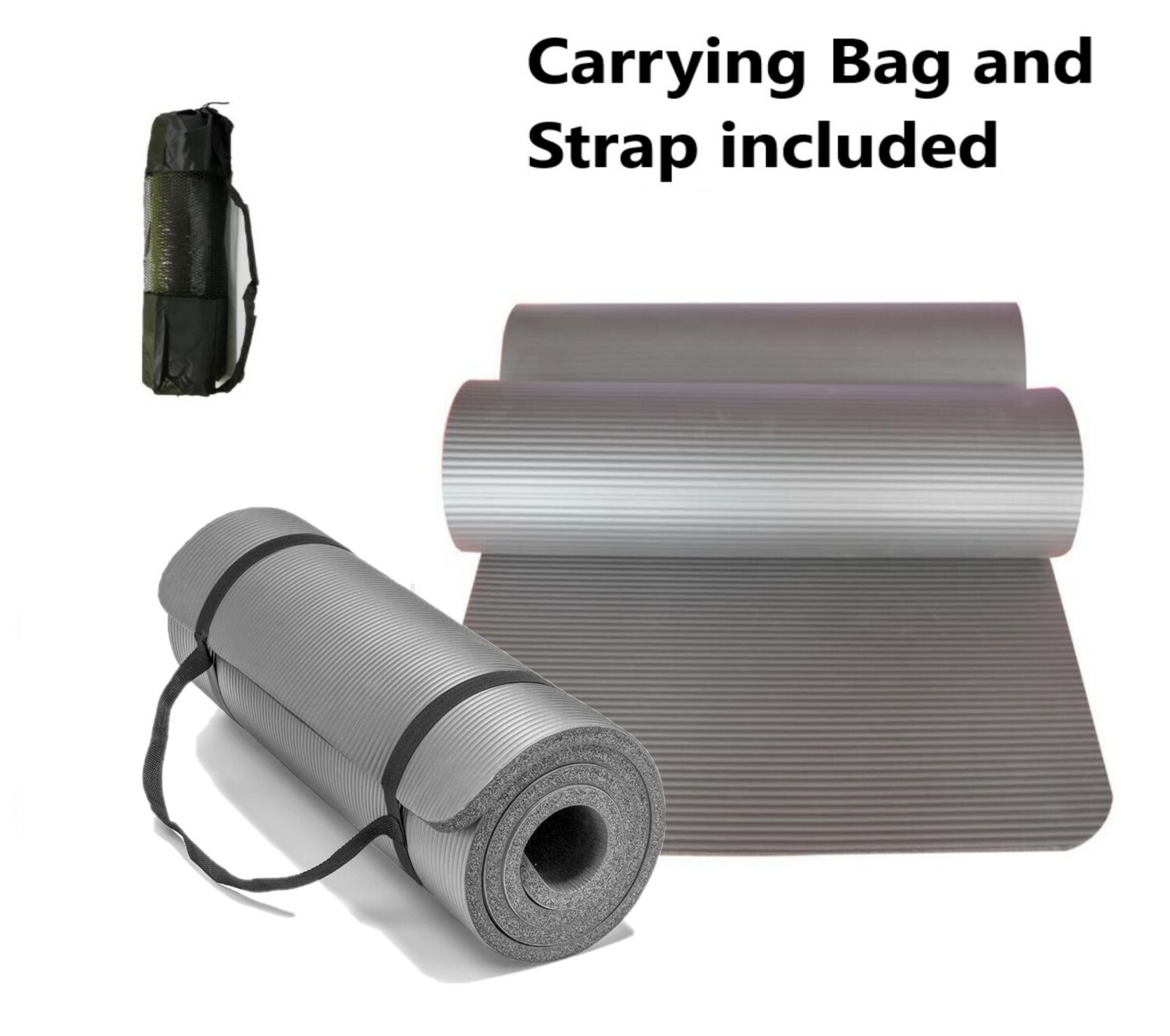 Gray All Purpose Exercise Mat Thick Non Slip Gym Yoga Pilates Fitness Bag Strap