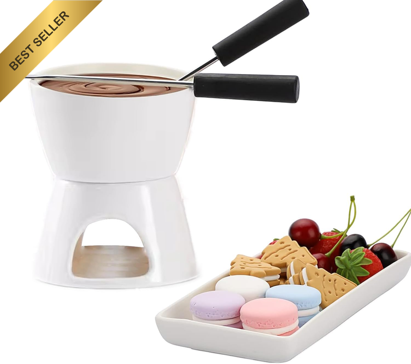 Ceramic Butter Warmer Set with Ceramic Rectangle Dish, Mini Fondue Pot Melting P