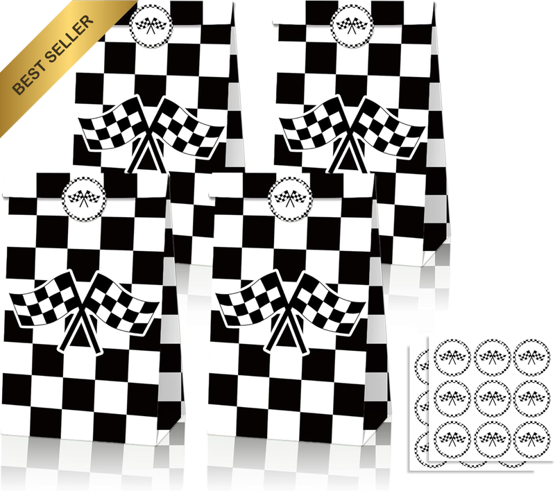 24 Pack Race Car Party Favor Bags with Stickers Race Car Goodie Bags Black and W