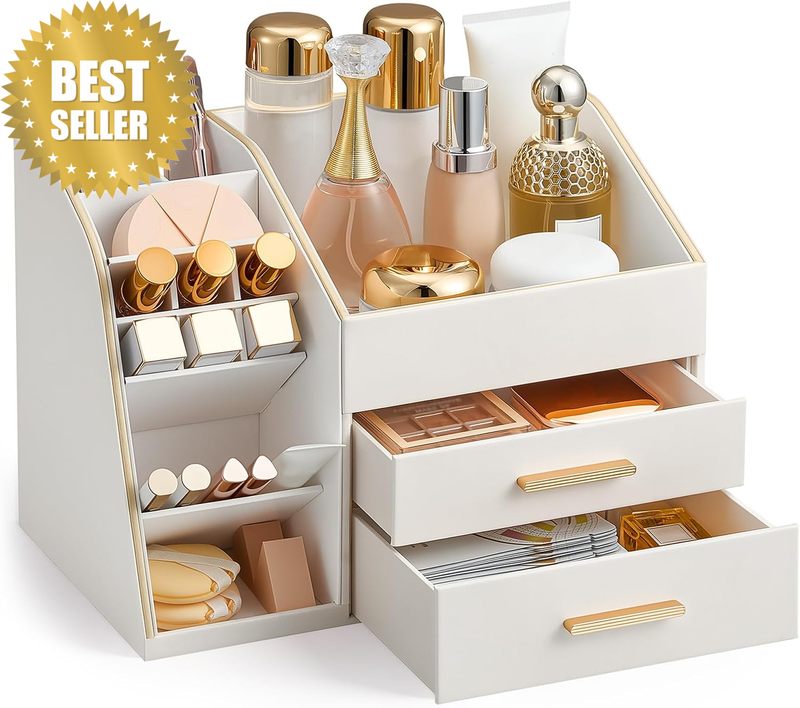 Makeup Organizer with Drawers, PU Leather Spacious Skincare Holder Lipsticks Per