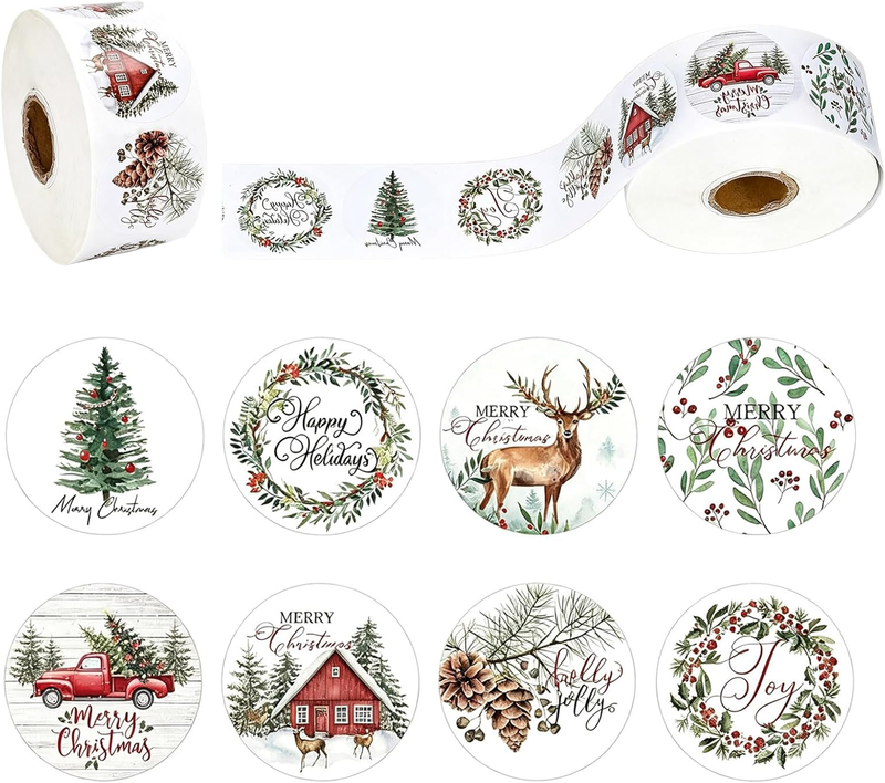 500 Pcs Christmas Stickers Roll 1 Inch 8 Designs Winter Holiday Labels