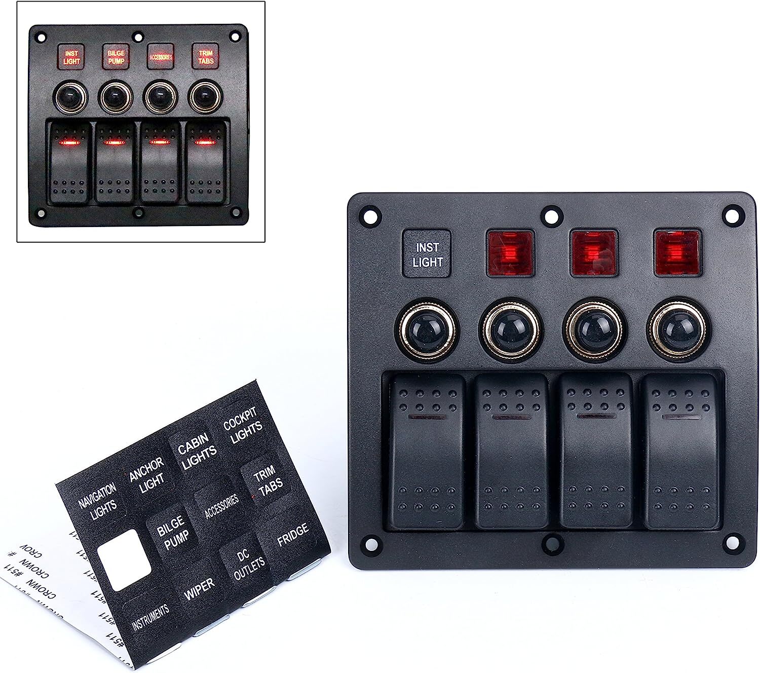 4 Gang Waterproof Marine Boat Switch Panel Red LED Indicators & Circuit Breaker