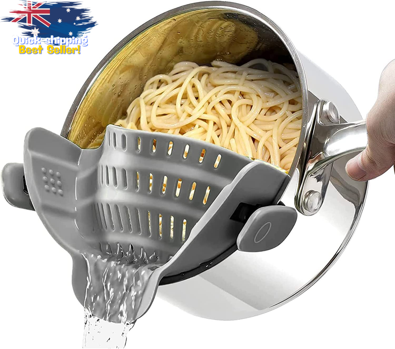 Clip-On Silicone Pasta Strainer for Pots & Pans, Hands-Free Food Colander