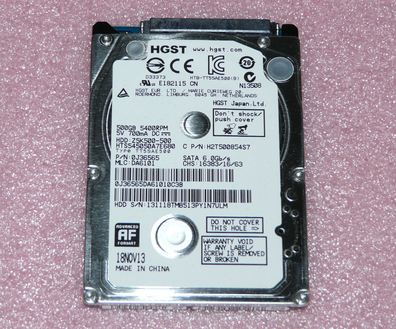 【中古】 HGST HTS545050A7E680 P/N 0J42875 MLC DA6513 500GB