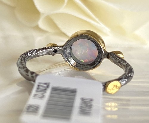 Antiqued Sterling Silver 18K Yellow Gold Opal Ring Size 5.5 - Picture 4 of 9