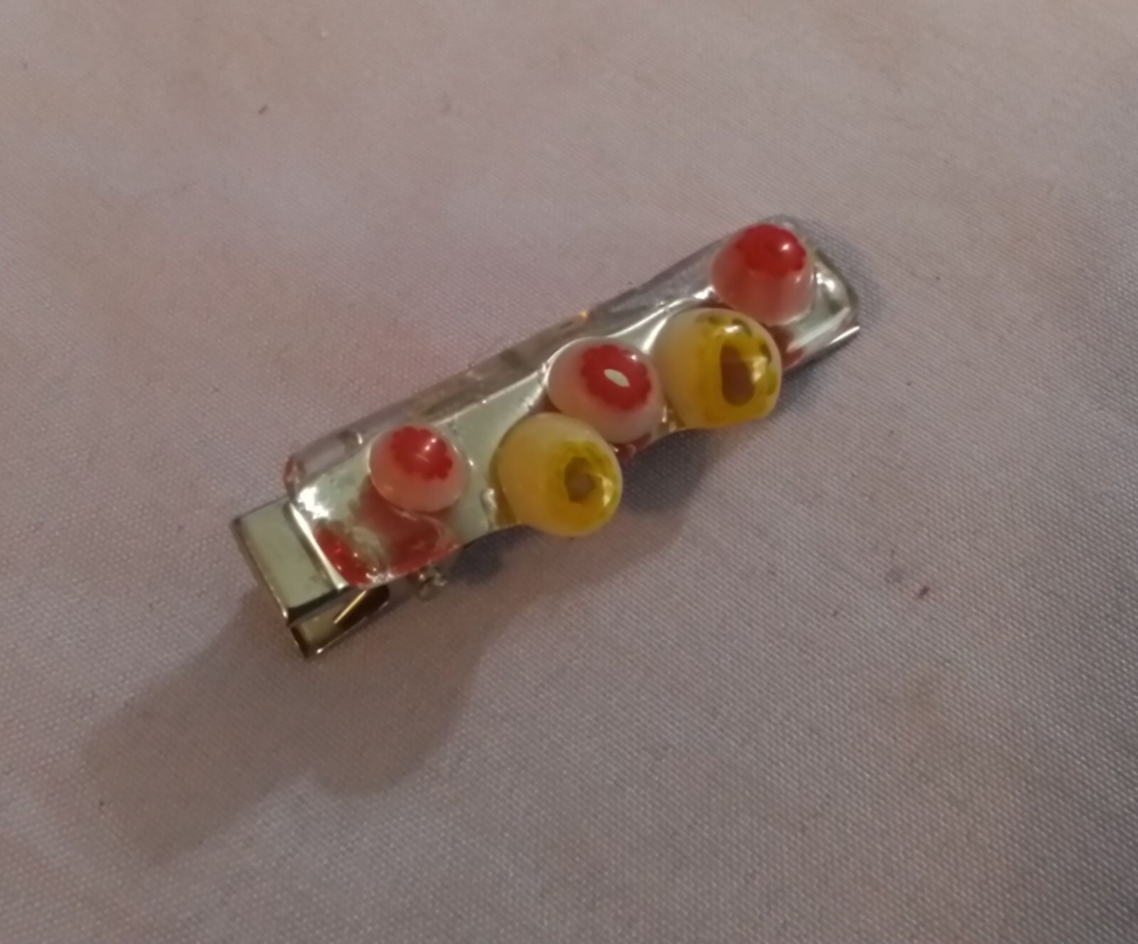 Pair of Beaded Barrettes-Gorgeous Vintage Item-Red/Blue/Yellow-Leather Backing Vintage Native American Red, Blue, Yellow Beaded Hair Clip  main image 4