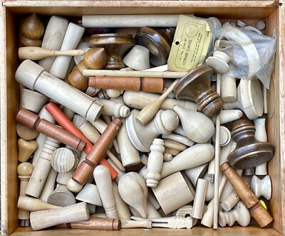 Drawer full of Vintage Lathe Turned Wood Handles and Parts Knobs Dowles Finials