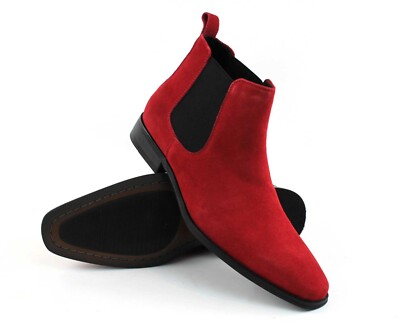 Genuine Suede Red Men's Dress Chelsea Boots Almond Toe Leather Lining AZAR MAN