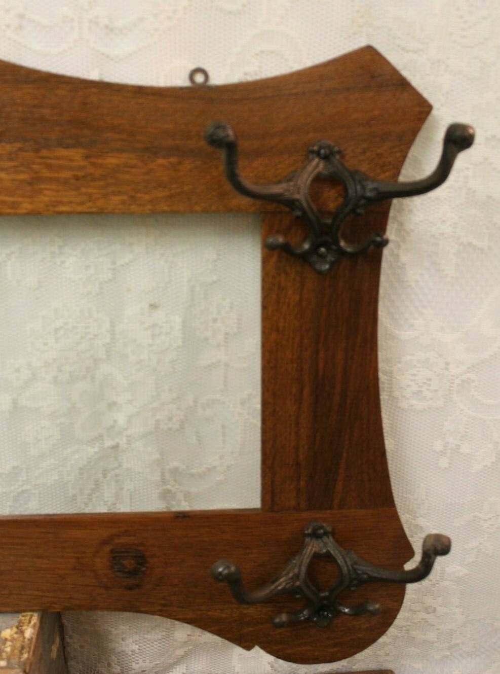 BEAUTIFUL LARGE Antique Oak Hall Mirror Frame With 4 Awesome Hooks