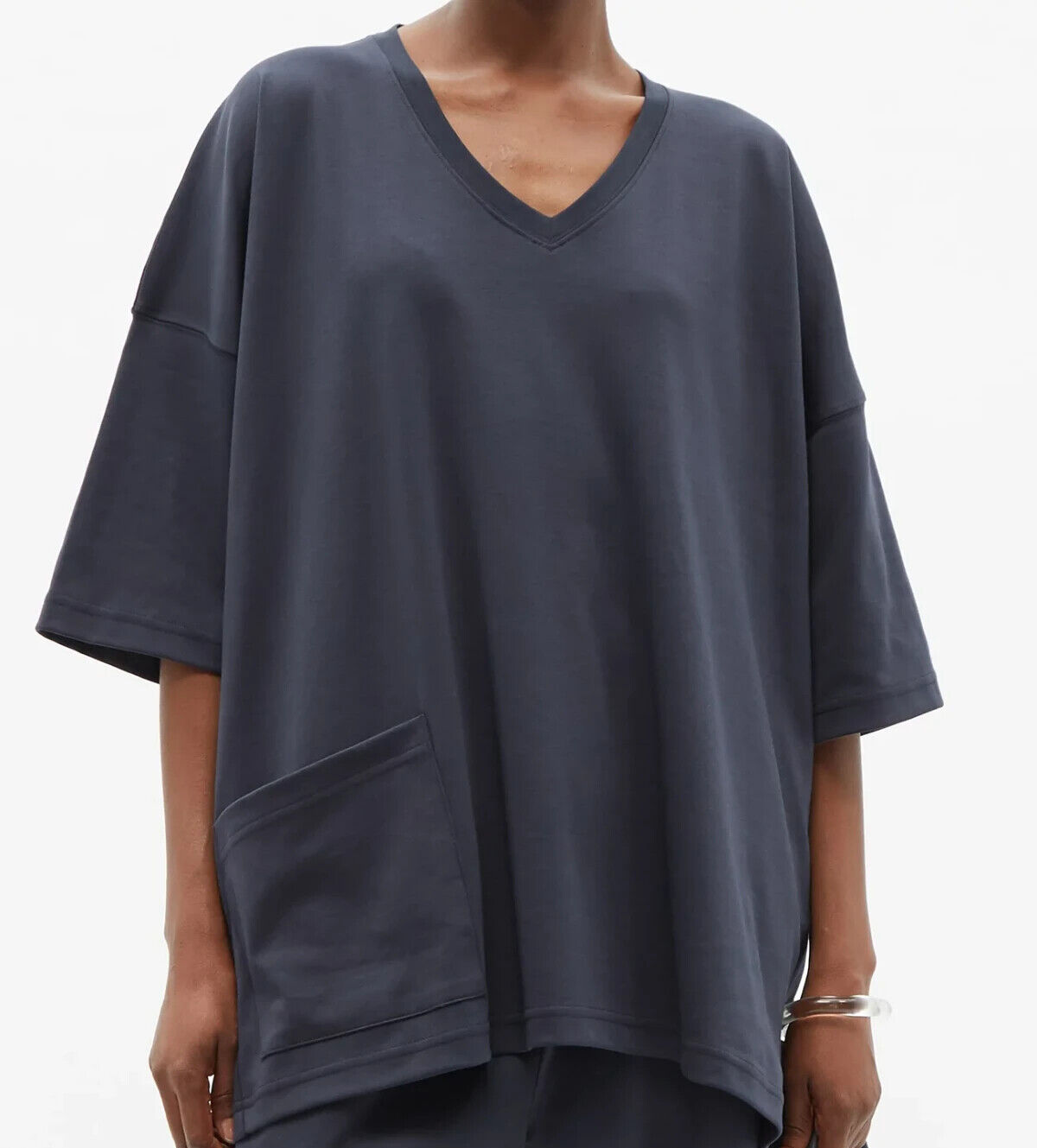 Pre-owned Eskandar Dark Navy V-neck Mid Weight Pima Cotton 30" Long Top W/pocket O/s In Blue