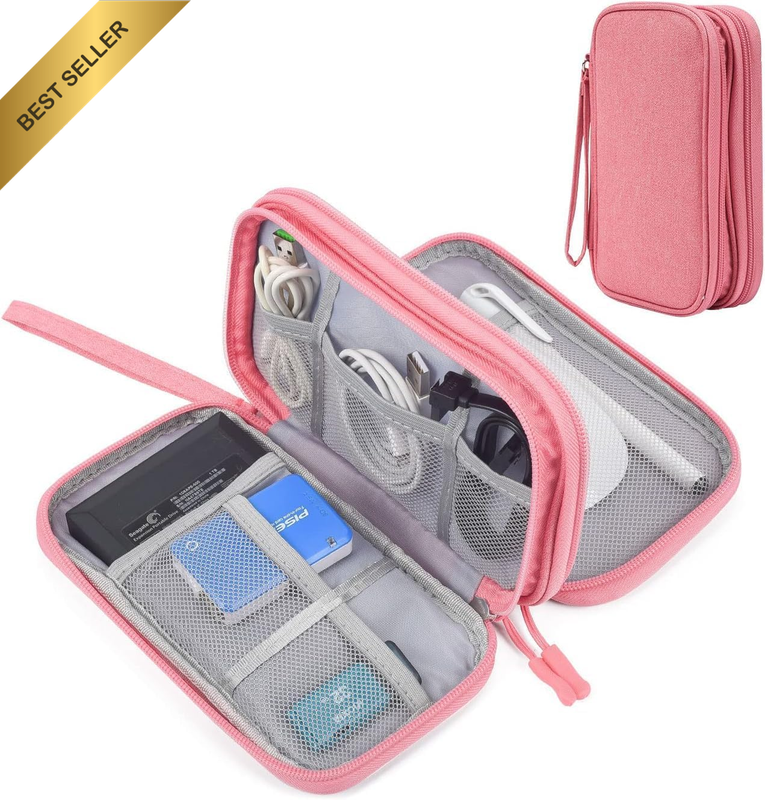 Portable Waterproof Double-Layer Electronics Accessories Organizer Bag Pink