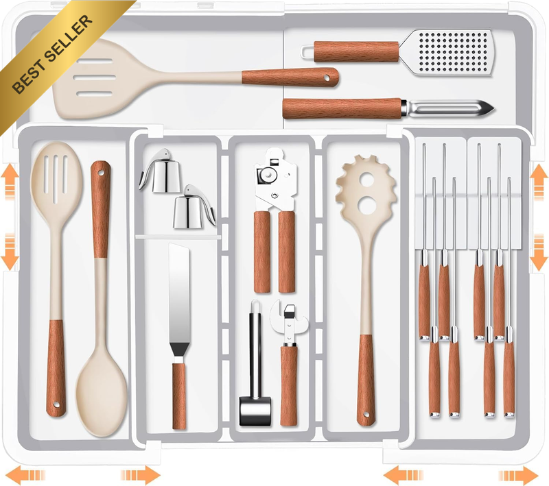 Expandable Cutlery Drawer Organiser, Adjustable Flatware and Utensil Tray for Ki