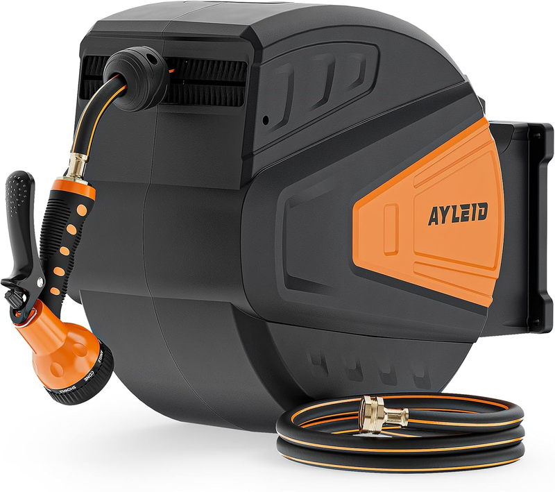 Retractable Rubber Hybrid Garden Hose Reel, 5/8"X100Ft Wall Mount