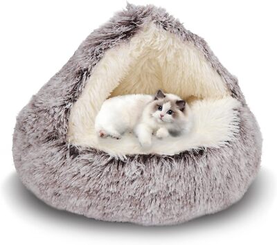 Cat Bed Round Plush Fluffy Hooded Cat Bed Cave Soothing Pet Beds Small 16in*16in