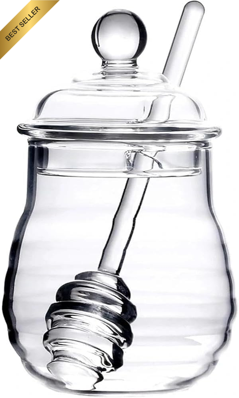 Glass Honey Pot with Lid and Dipper, 10Oz Honey Jar for Storage and Serving, Hea