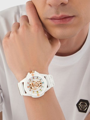 Pre-owned Philipp Plein Pwuba0123 The $kull Ecoceramic Mens Watch 44mm 5atm
