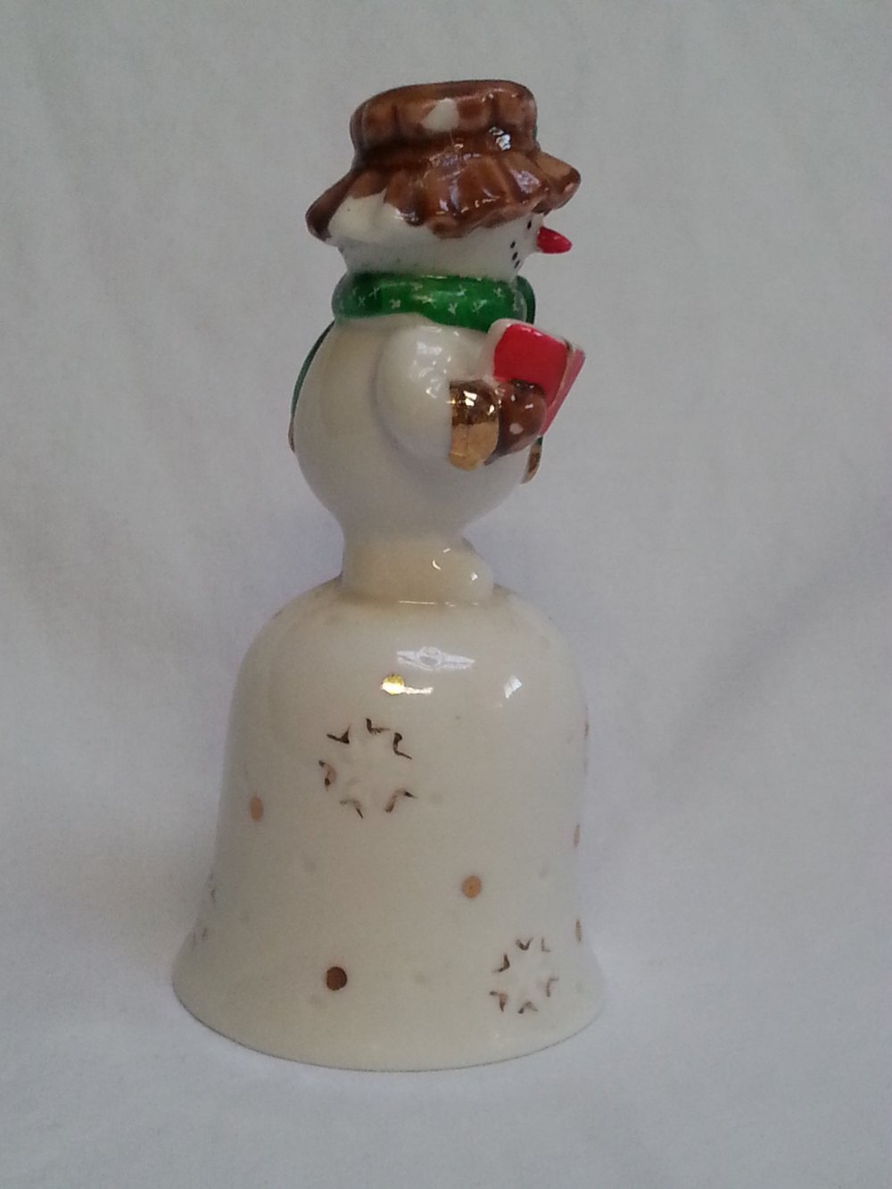 Porcelain Snowman Dinner Bell Snowflake Mittens Hat Scarf Holiday Winter Decor