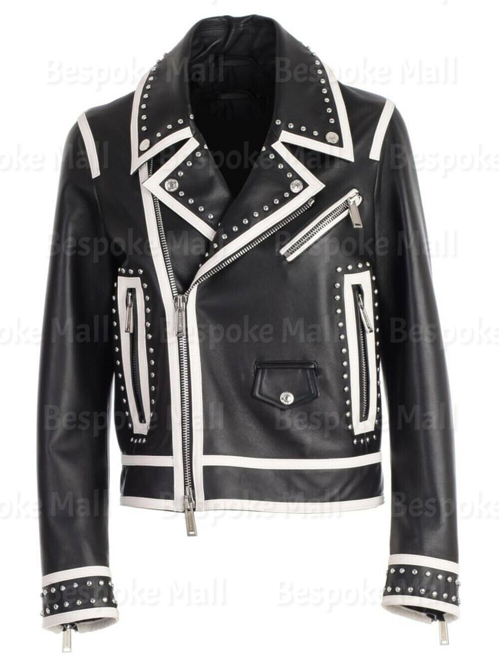 Pre-owned Handmade Men's Black Silver Studded Punk Rock Cowhide Motorbike Leather Jacket-705