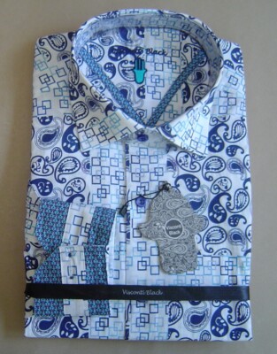 NWT $145 LUCHIANO VISCONTI BLACK LT TALL BLUE WHITE PAISLEY Cotton Shirt 4171BT