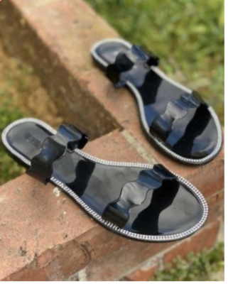 Jellie Black Flat Sandals w Rhinestone 10 Womens