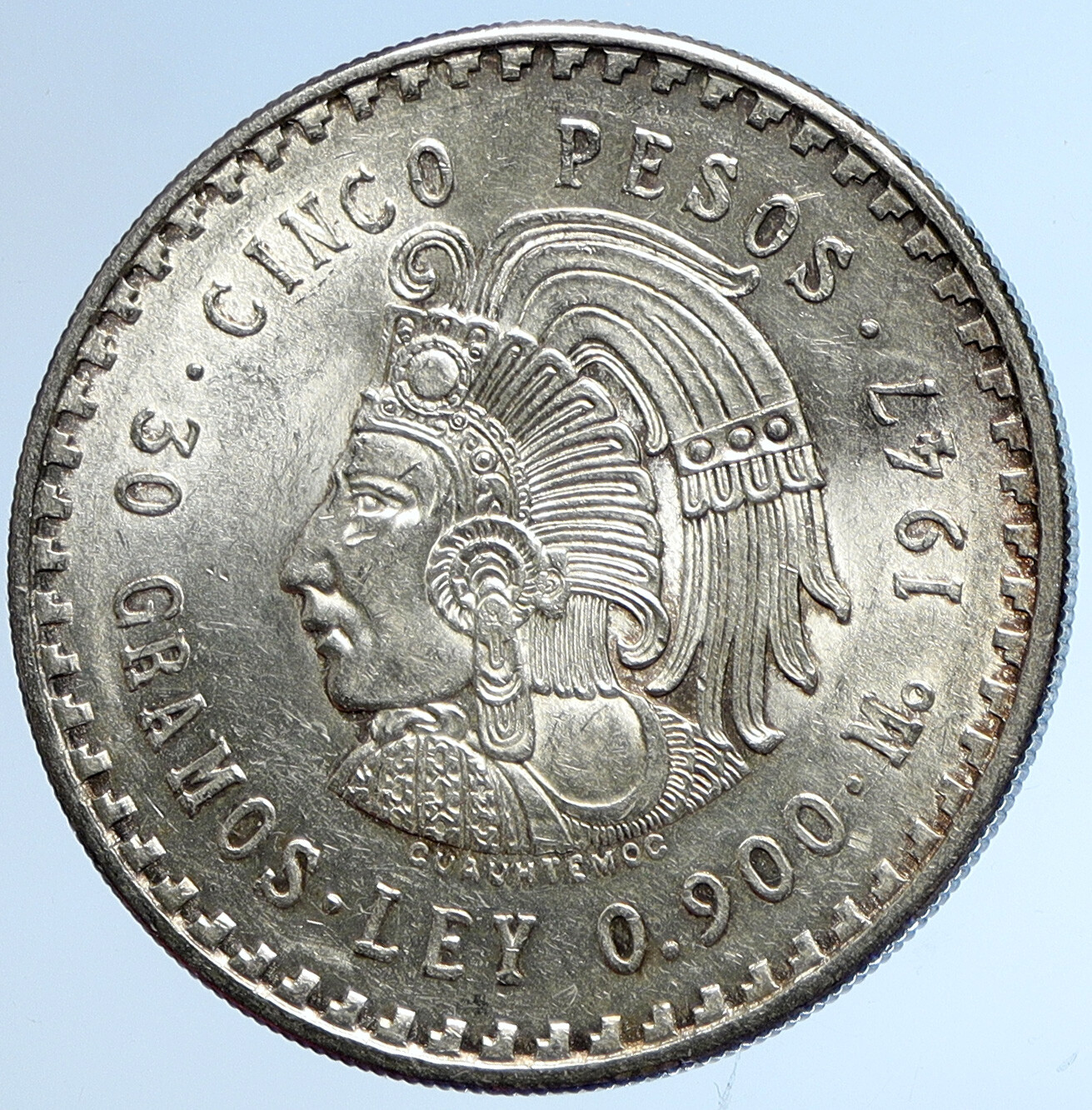 1947 MEXICO Aztec Chieftain CUAUHTEMOC Eagle VINTAGE Silver 5 Peso