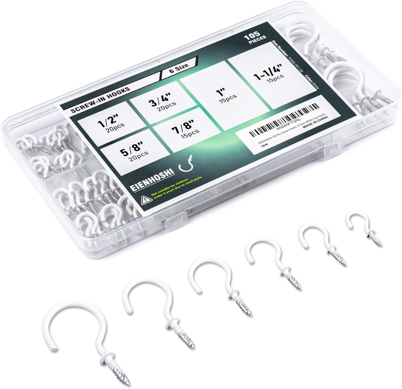 105 Pcs Screw Hooks, 6 Sizes White Cup Hooks, Screw in Hooks for Hanging, Metal