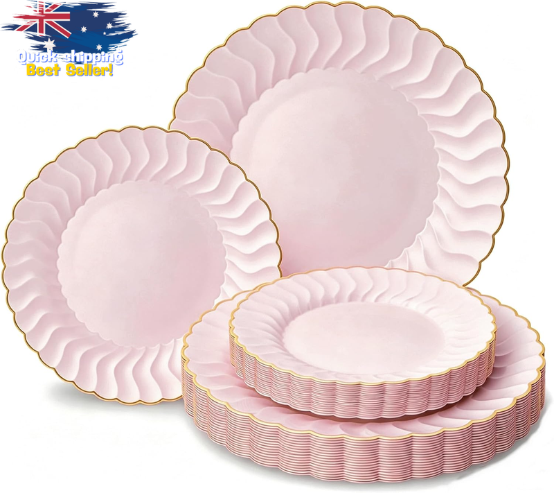60PCS Pink Scalloped Plastic Plates with Gold Rim - Party Supplies