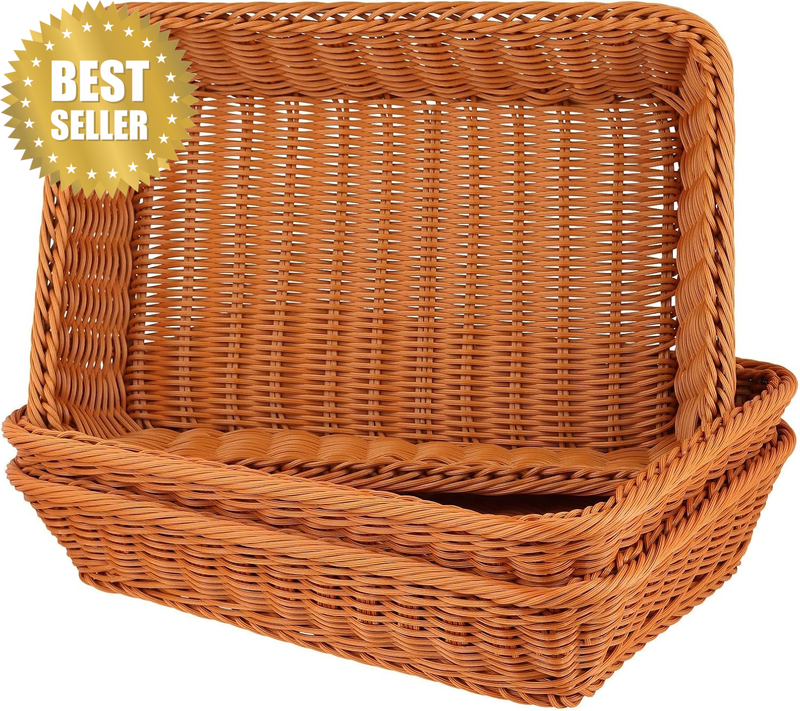 3 PCS 16 Inch Poly-Wicker Bread Baskets, Bamboo Baskets, Light Brown | Woven Foo