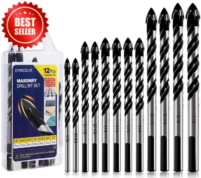 12PCS Masonry Drill Bit Set Concrete Carbide 1/8-1/2