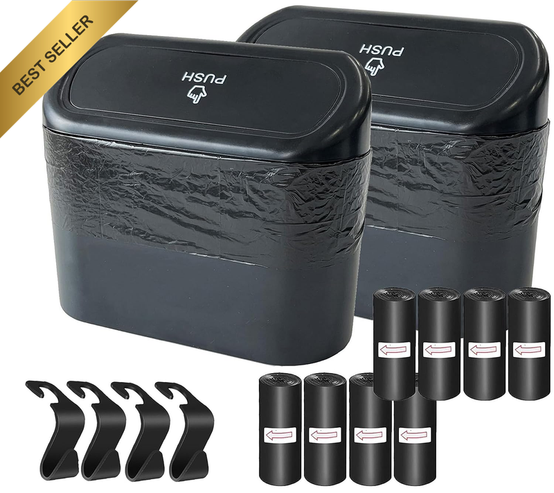 Car Trash Can Bin with Lid, 120 Pcs Trash Bags and 4 Pcs Car Hooks. Mini Car Gar