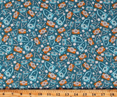 Cotton Cameras Welcome To Our Neighborwood Teal Fabric Print by the Yard D677.90