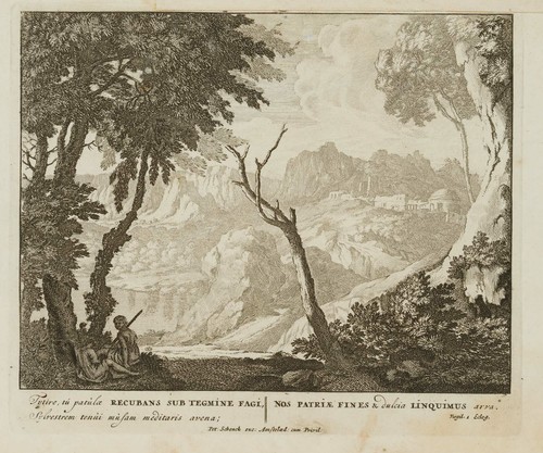 P.SCHENK(*1660), Arkadische Landschaft mit rastendem Paar, nach Vergil, Rad
